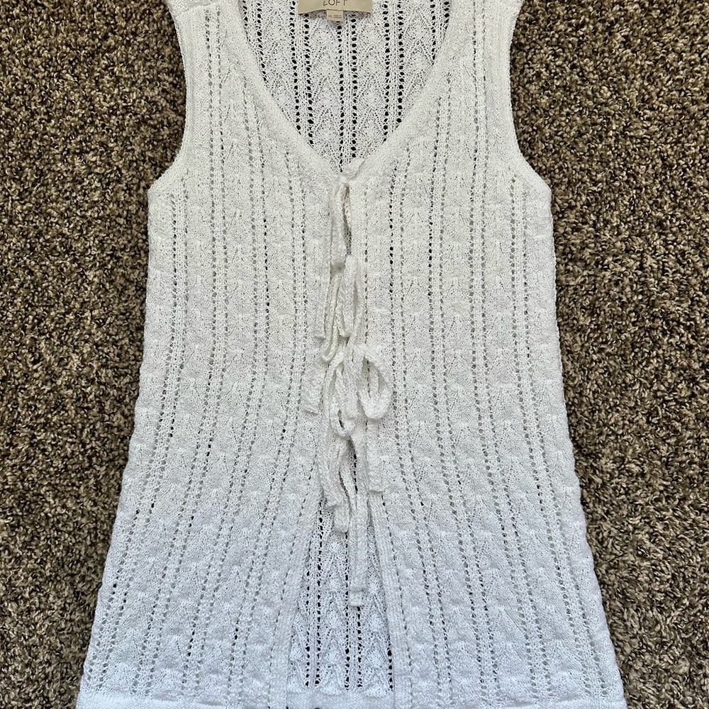 LOFT White Open Knit Tie Front Sweater Vest V Neck Crochet Style Sleeveless